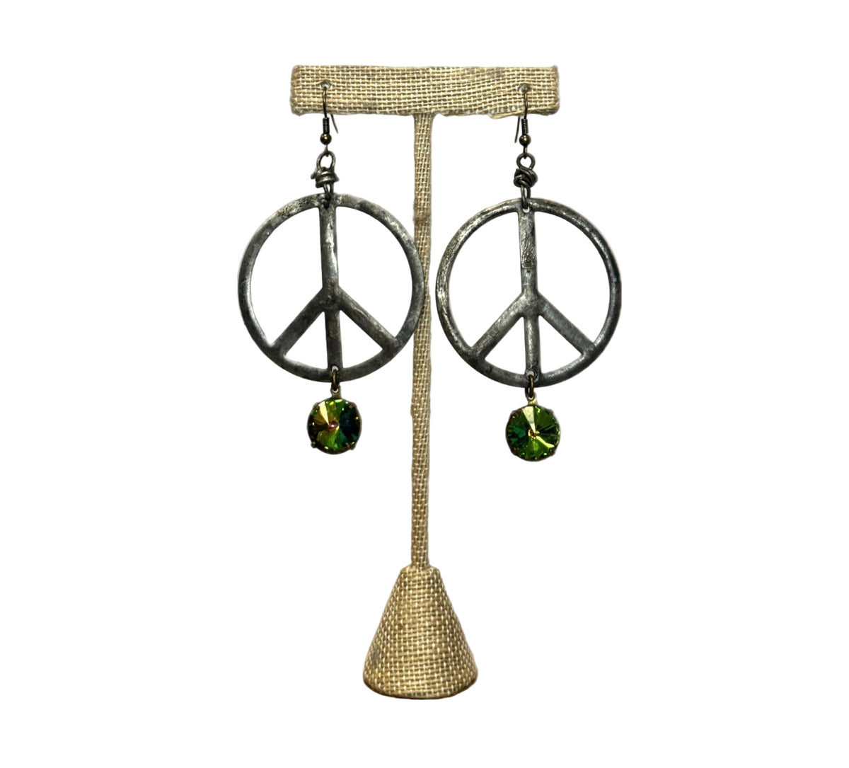 Handmade Metal Peace Sign Aura Crystal Earrings