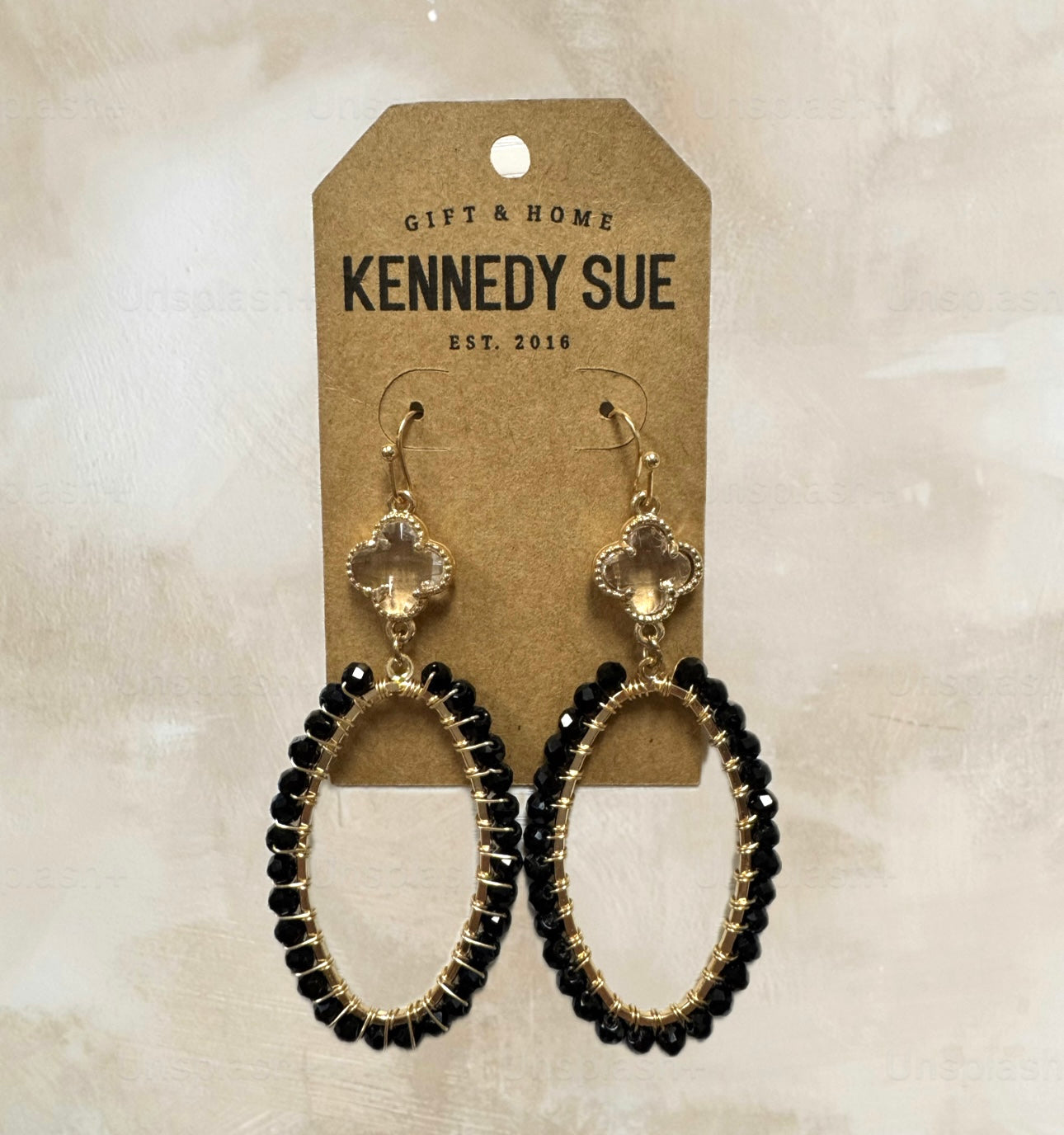 Clear Clover & Beaded Oval Earrings