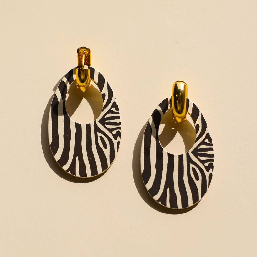 Ecru & Brown Zebra Print Olivia Leather Hoop Earrings