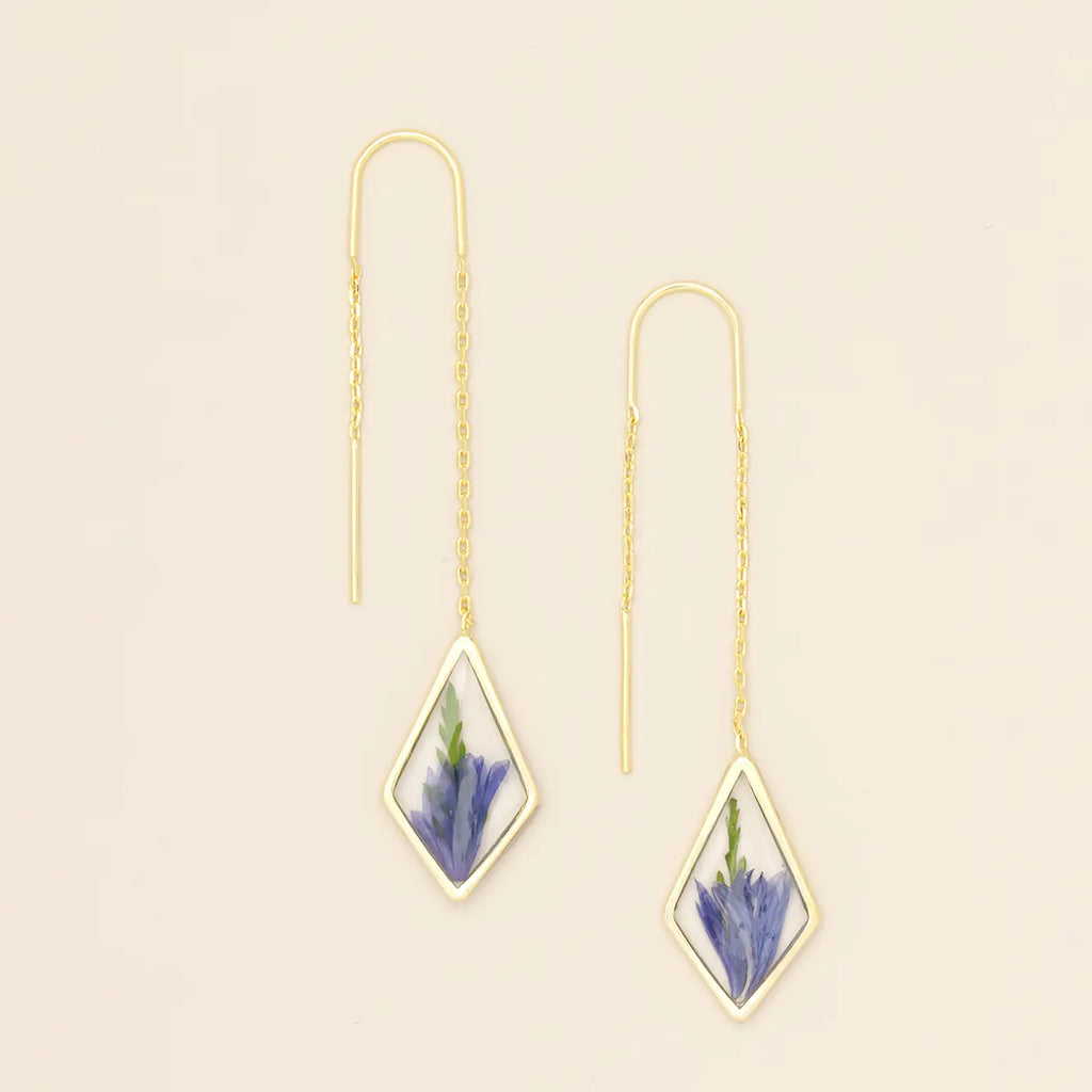 Pressed Flower Thread Earring - Purple Cornflower/Gold