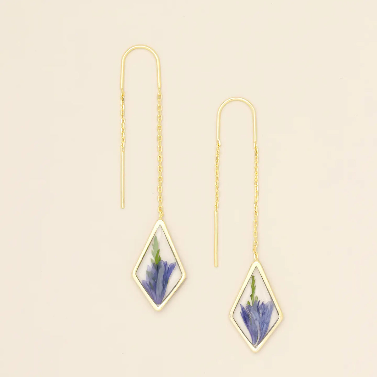 Pressed Flower Thread Earring - Purple Cornflower/Gold