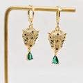 Green Eye Gold Leopard Huggie Earrings