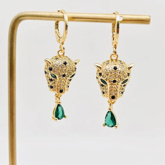 Green Eye Gold Leopard Huggie Earrings