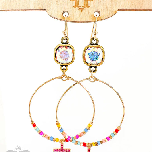 Gold Circle & Rhinestone Cross Dangle Earrings