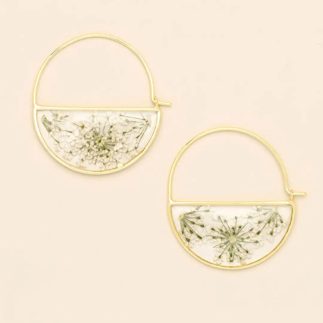 Pressed Flower Hoop Earring - White Lace Flower/Gold