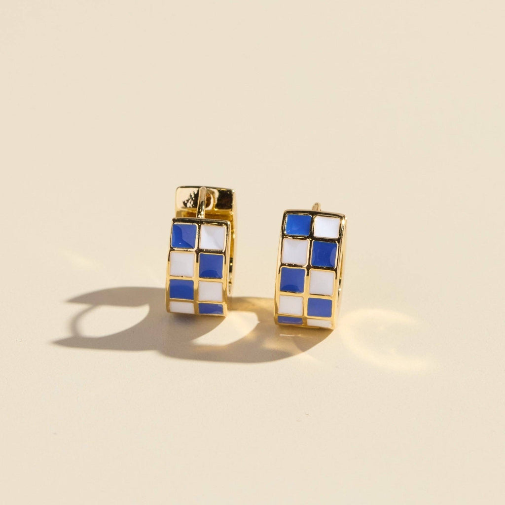 Blue & White Checkered Enamel Huggie Earrings