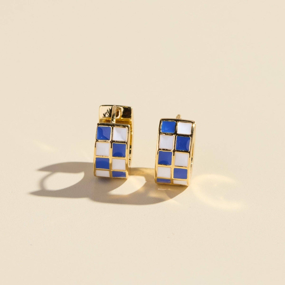 Blue & White Checkered Enamel Huggie Earrings