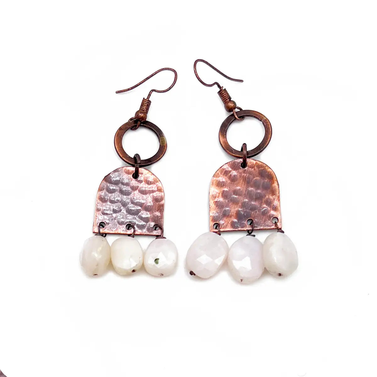 Banjara Earrings - Hammered Copper and Rose Quartz