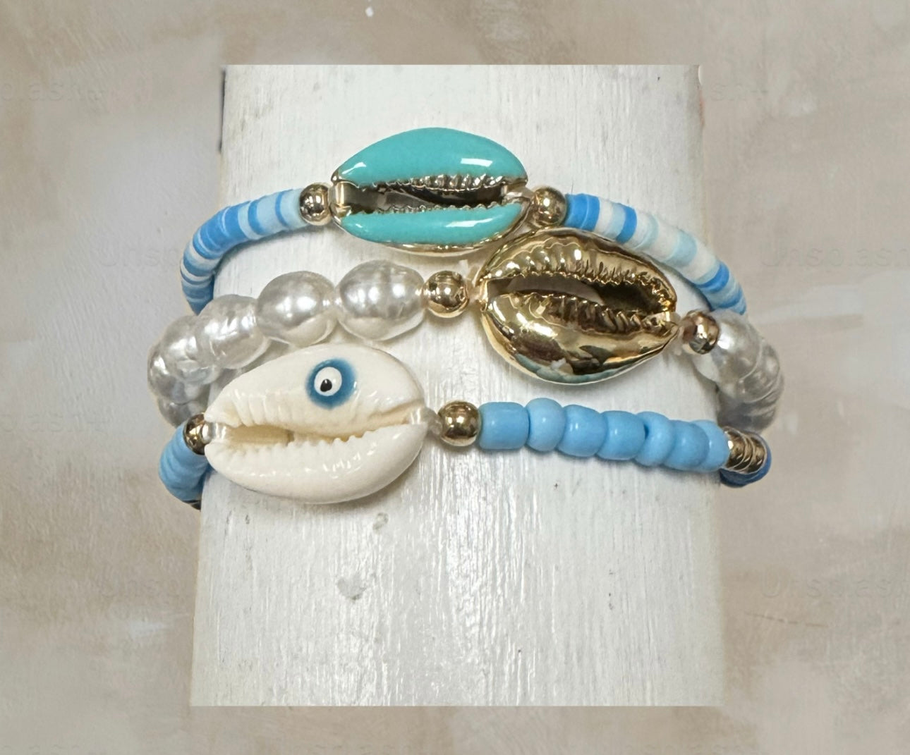 Evil Eye Cowry Shell Stretch Bracelet Set