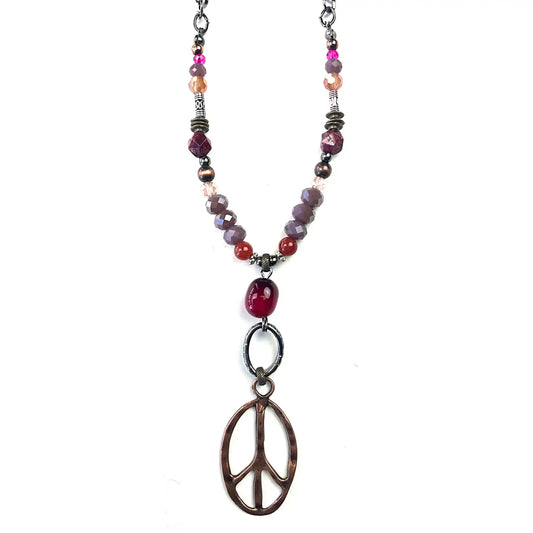 Metal Chain & Purple Beaded Peace Sign Necklace