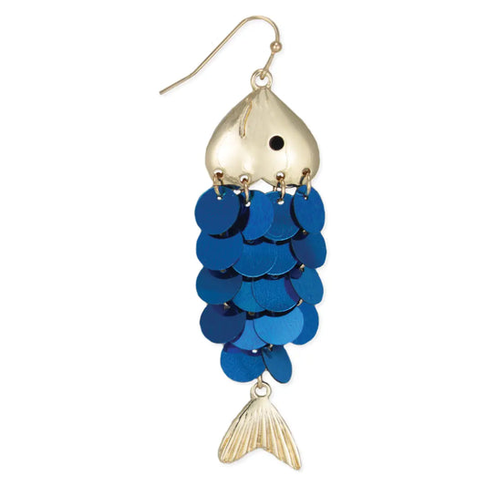 Blue Sequins Gold Fish Earrings