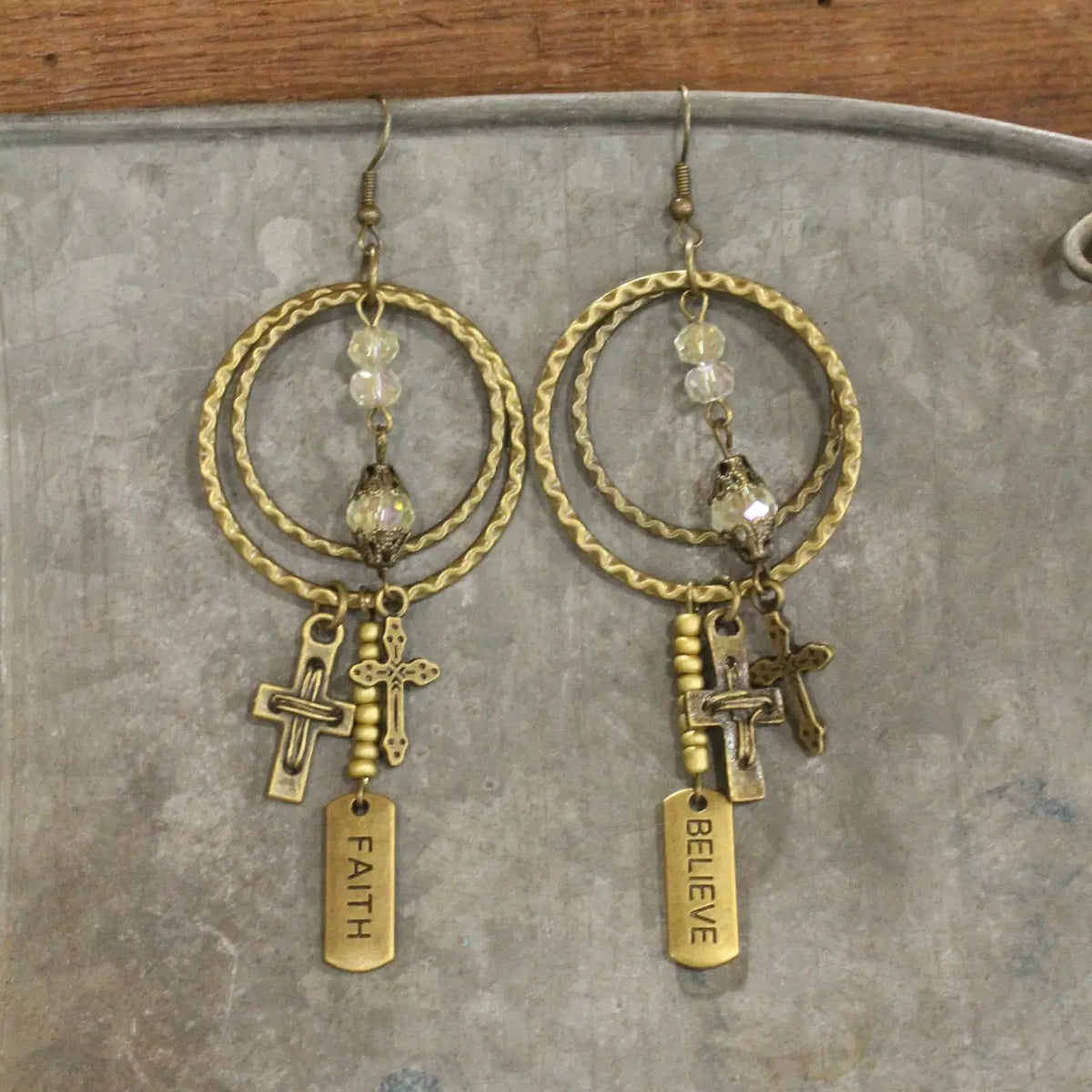 Layers of Charm Bronze Cross Drop Earrings