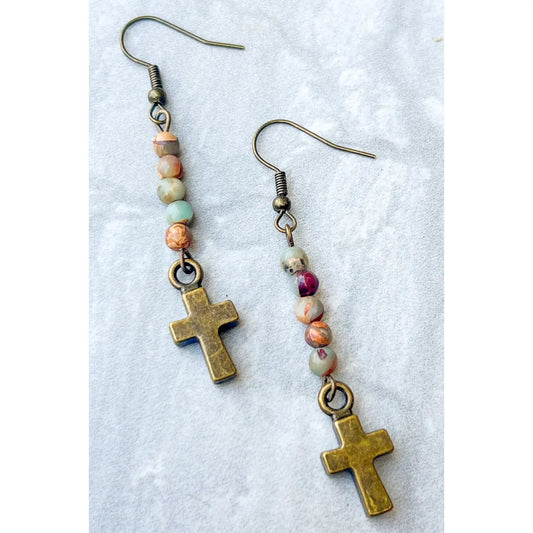 Jasper Beaded Cross Dangle Earrings