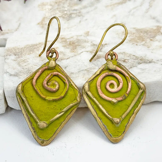 Handcrafted Lime Green & Copper Spiral Brass Patina Earrings