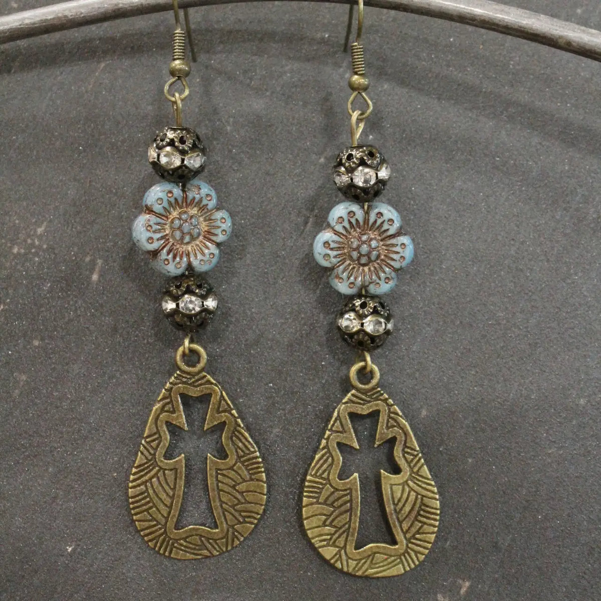 Vintage Bronze Cross & Denim Czech Dangle Earrings