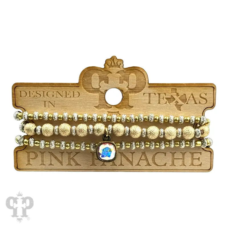 Foil Texture Bead Stacked Bracelet with Austrian Crystal