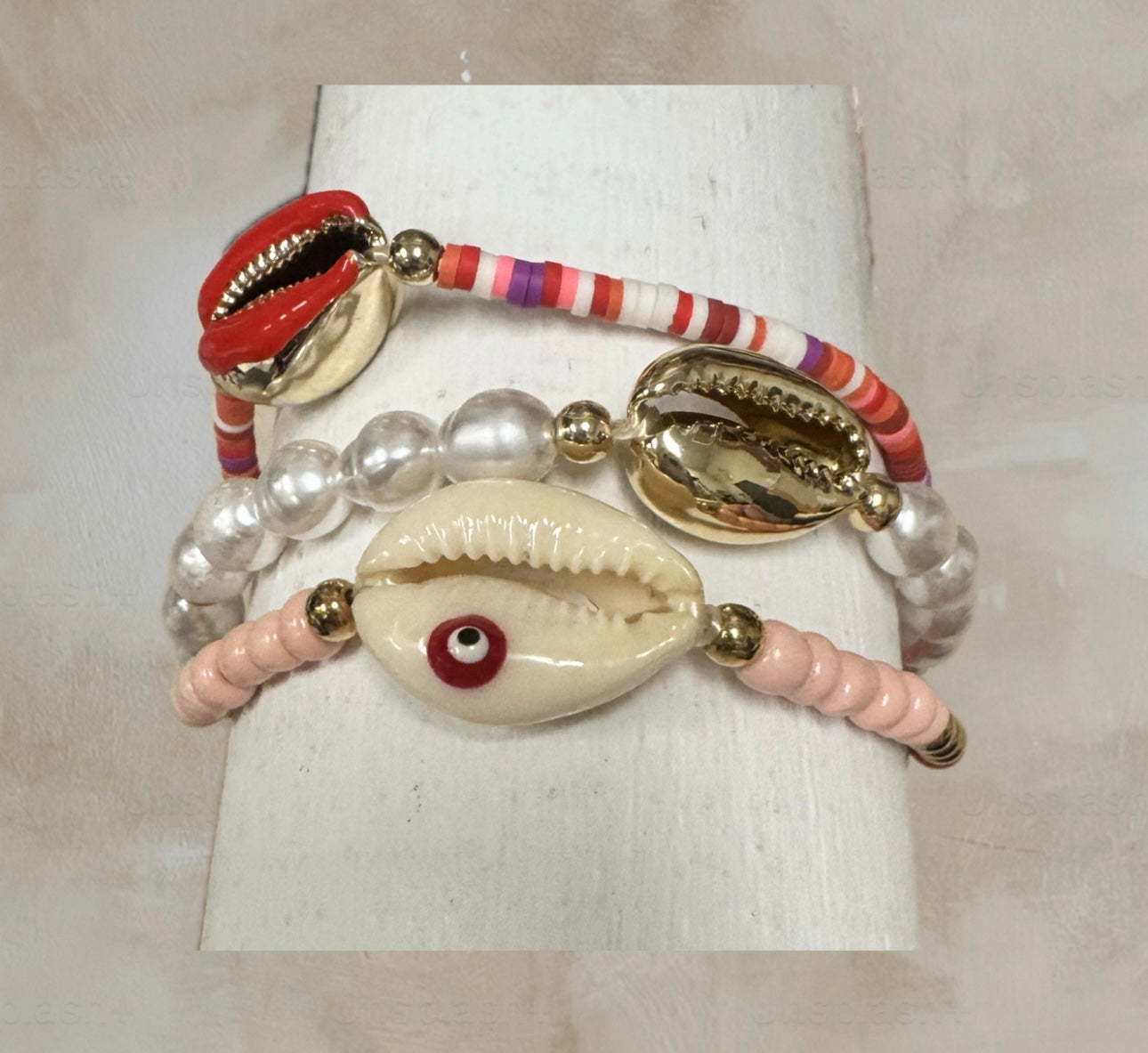 Evil Eye Cowry Shell Stretch Bracelet Set