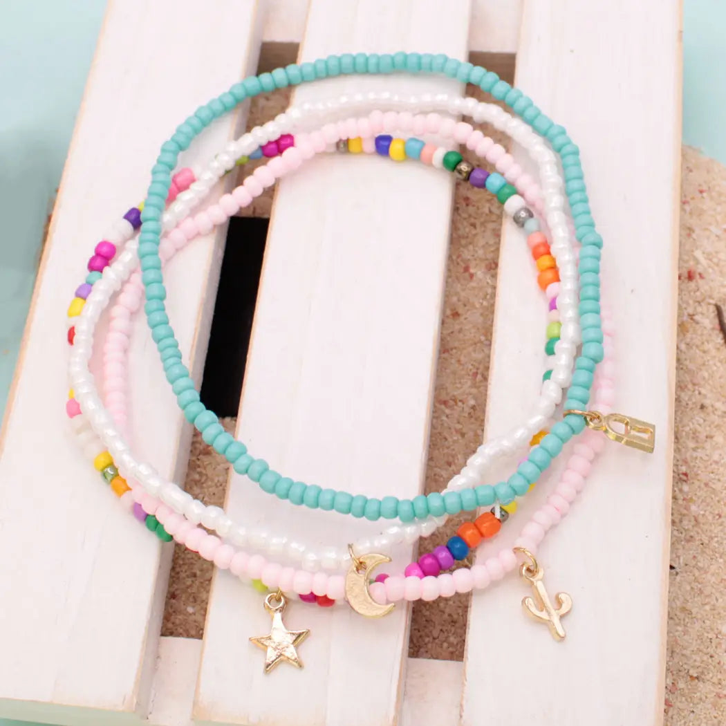 Pastel Bead Gold Charm Stretch Anklet Set