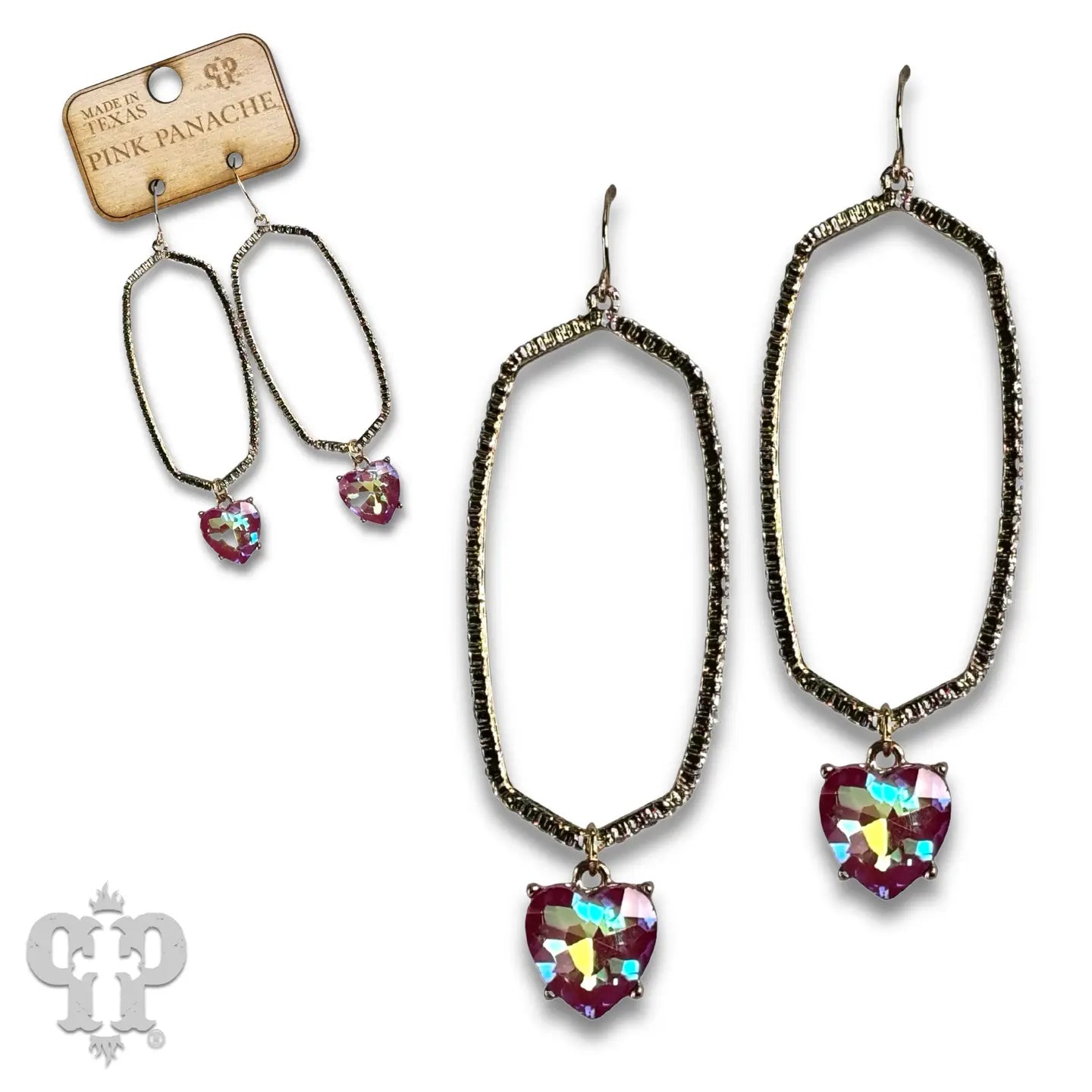 Hexagon Shape Earring with Rhinestone Heart Charm