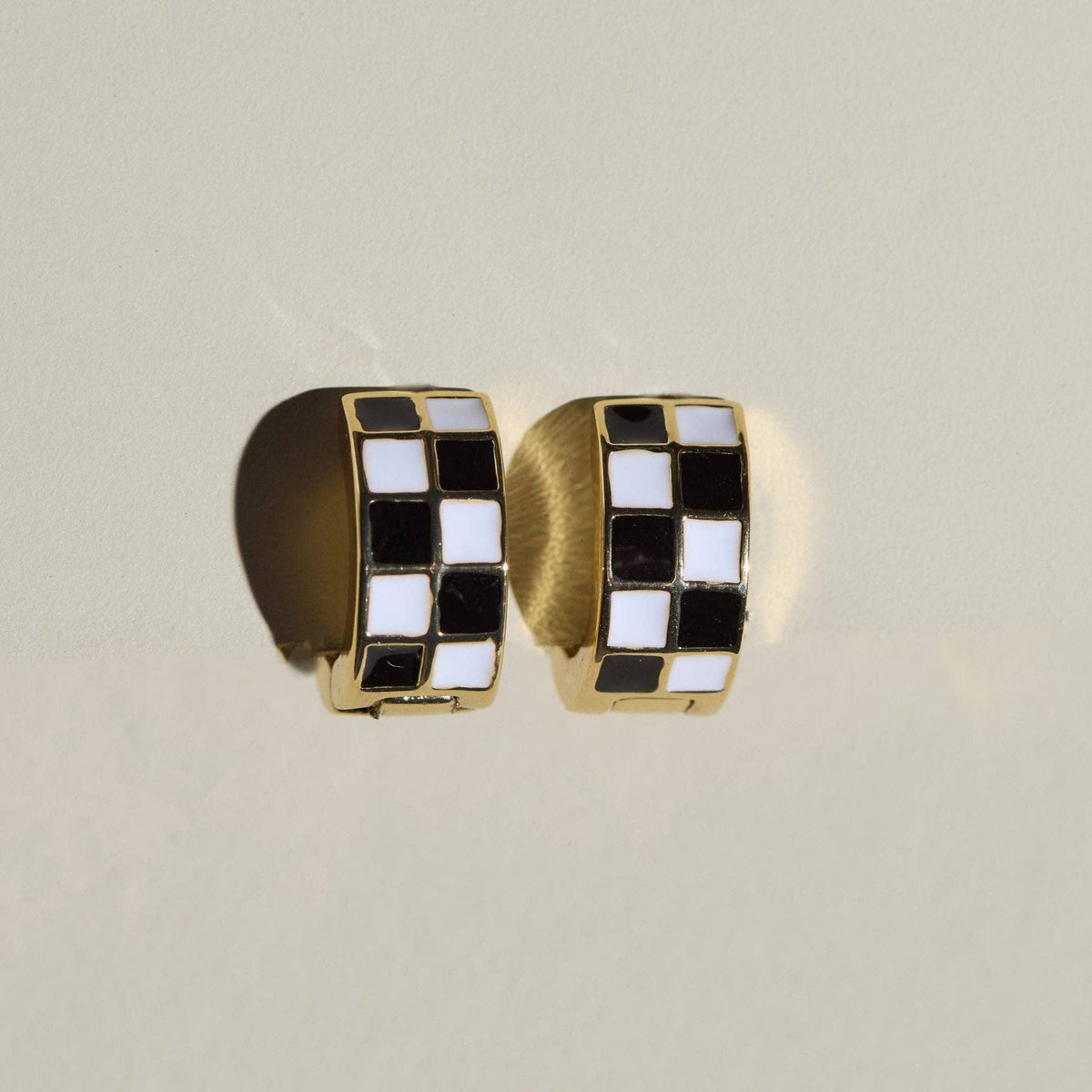 Black & White Checkered Enamel Huggie Earrings