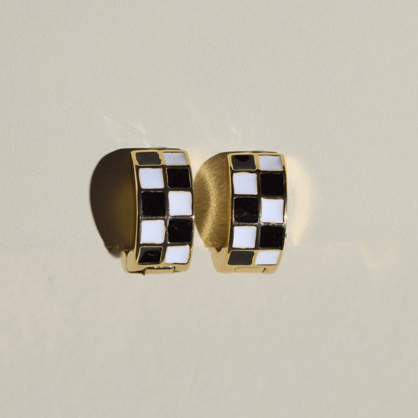 Black & White Checkered Enamel Huggie Earrings