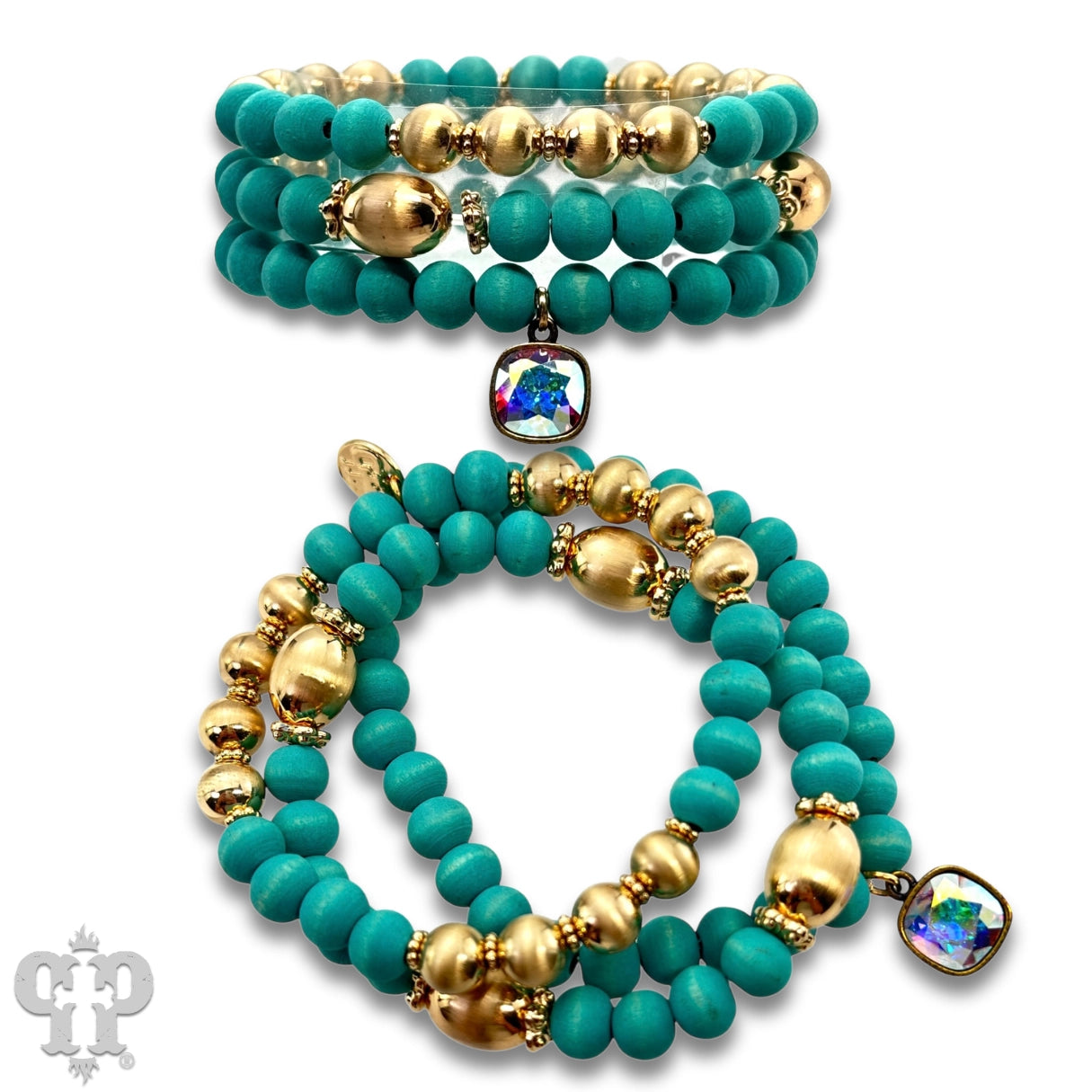 Wood and Gold Bead Bracelet Set with Austrian Crystal