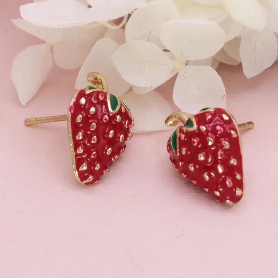 Sweet Gold Red Strawberry Post Earrings