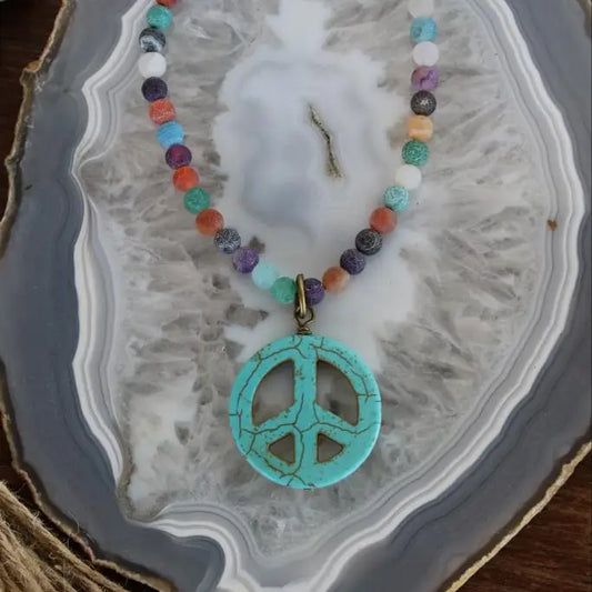 Mixed Jasper Bead Turquoise Peace Sign Necklace