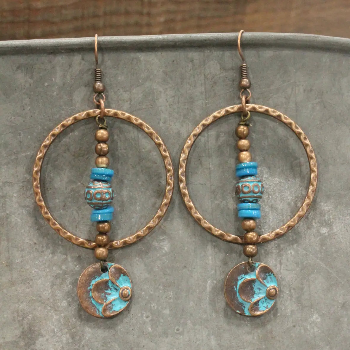 Turquoise & Copper Flower Pendant Dangle Earrings