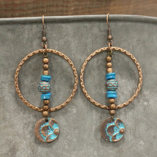 Turquoise & Copper Flower Pendant Dangle Earrings