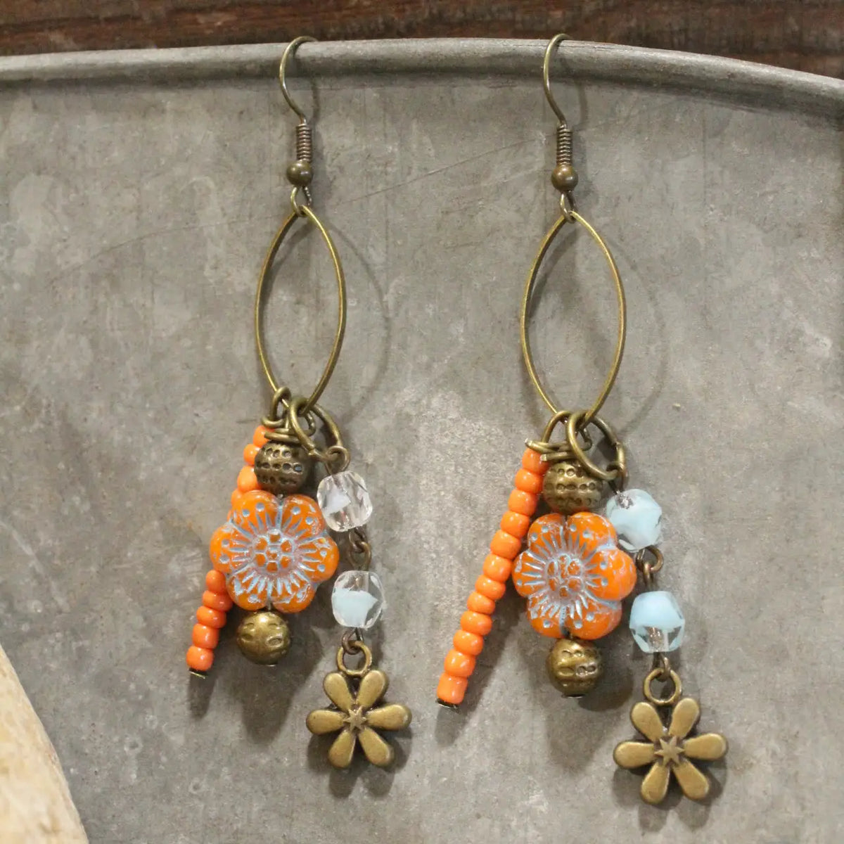 Czech Orange Flower Stone Earrings