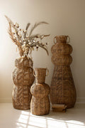 Set of 3 Woven Seagrass and Iron Floor Vases