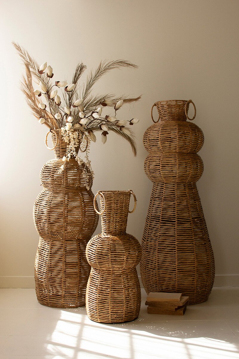 Set of 3 Woven Seagrass and Iron Floor Vases