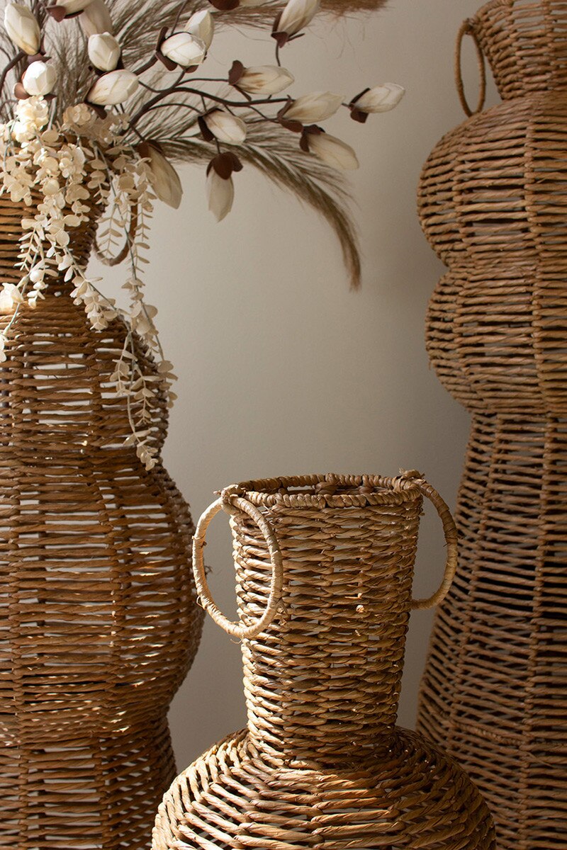 Set of 3 Woven Seagrass and Iron Floor Vases