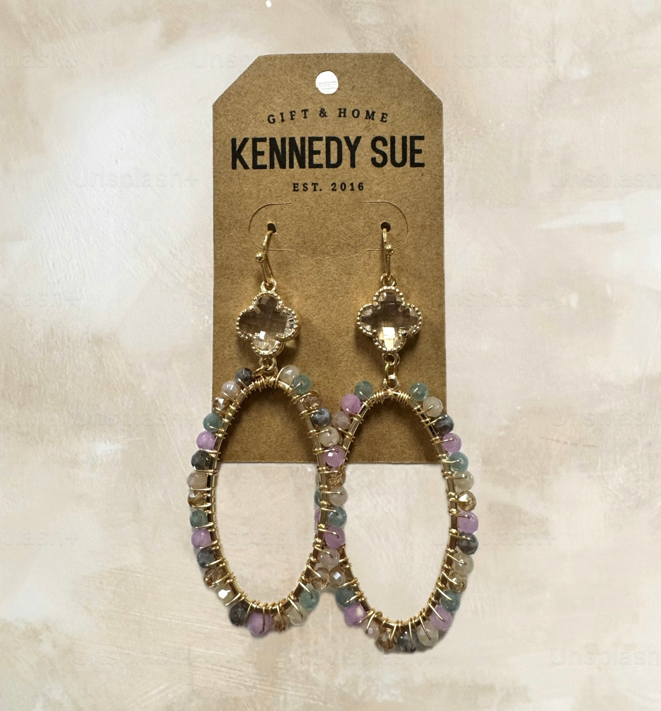 Clear Clover & Beaded Oval Earrings