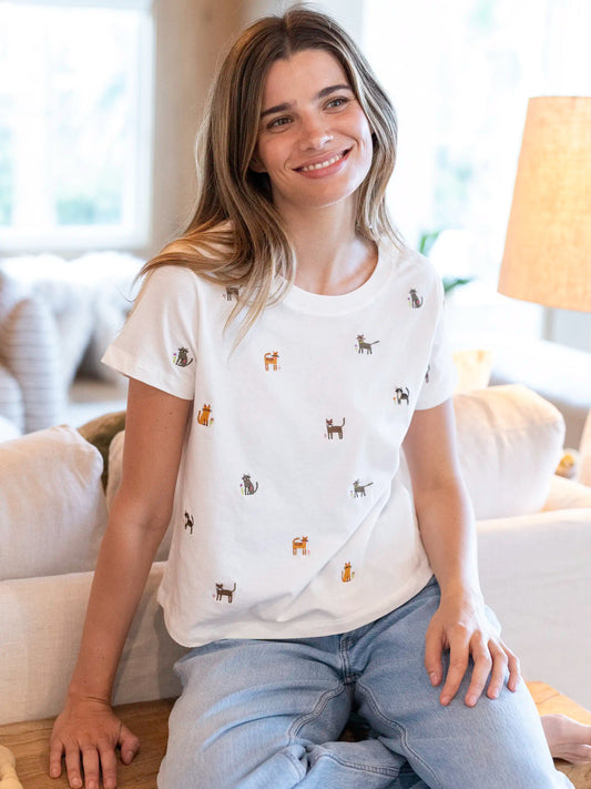 Fave Little Things Embroidered Tee - White Cats
