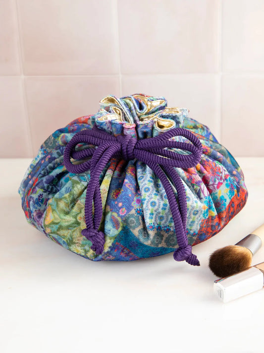 Blue Patchwork Drawstring Velvet Cosmetic Pouch
