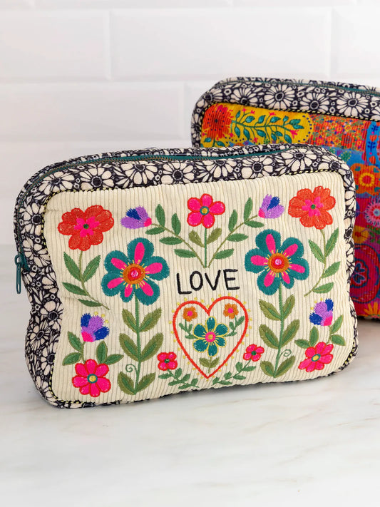 Embroidered Corduroy Cosmetic Pouch - Love
