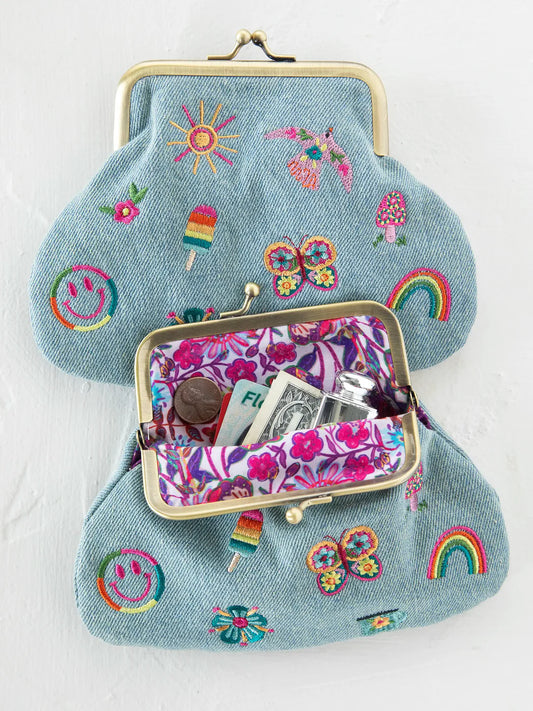Denim Embroidered Kisslock Coin Purse