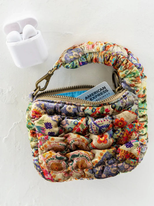 Puffy Velvet Mini Clip-On Pouch - Mandala Folk Patchwork