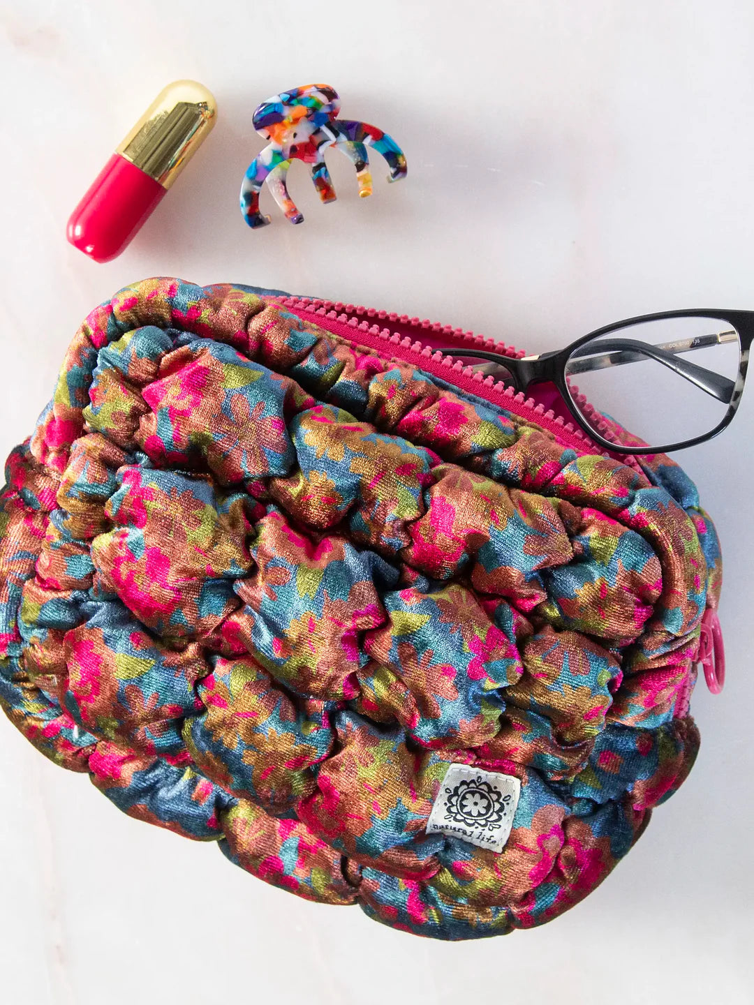 Dana Velvet Puffy Pouch - Teal Pink Floral