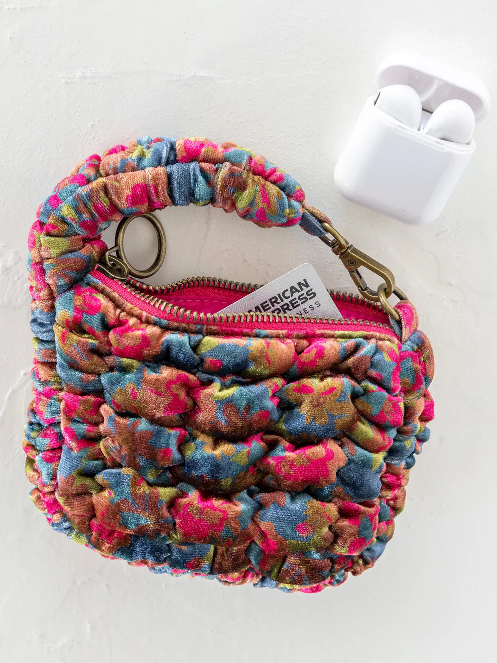 Puffy Velvet Mini Clip-On Pouch - Teal Pink Floral