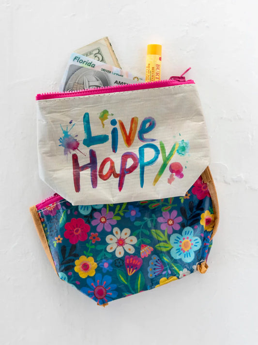Small Reversible Recycled Zip Pouch - Live Happy
