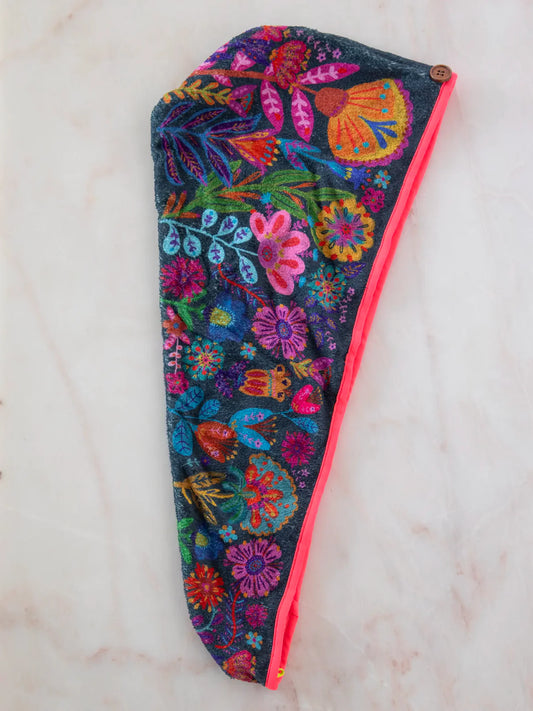 Microfiber Hair Towel Wrap - Charcoal Folk Flower
