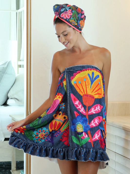 Shower Body Towel Wrap - Navy Folk Flower