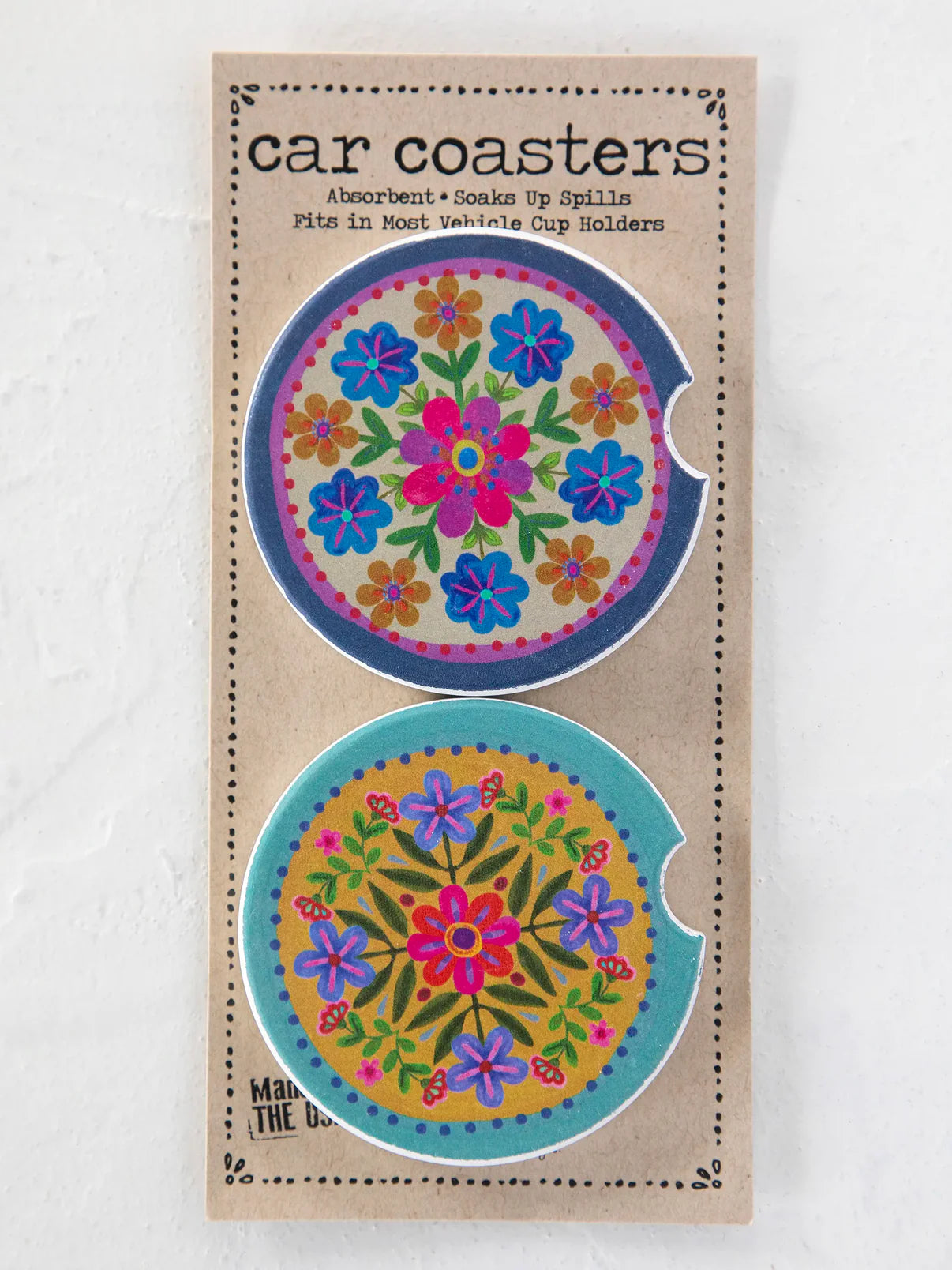 Car Coasters, Set of 2 - Mustard Folk Flower