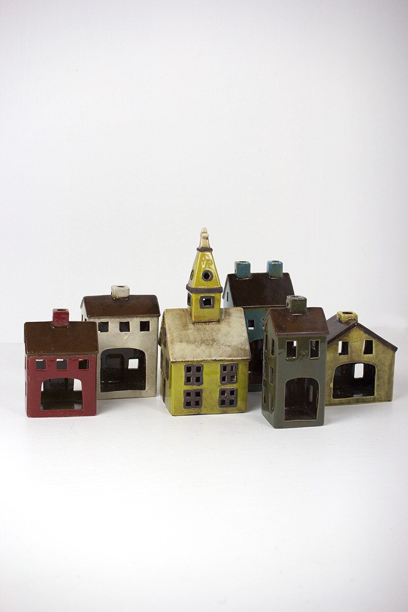 Set of 6 Colorful Ceramic Village Luminaries