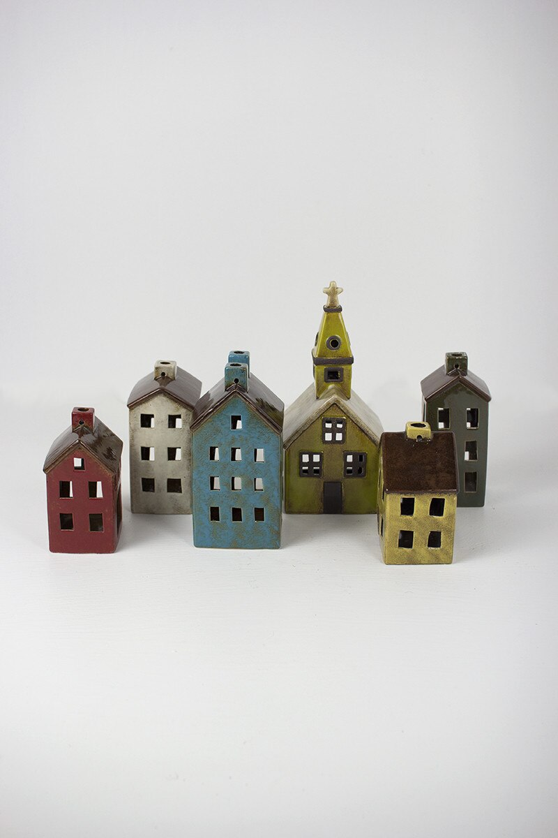 Set of 6 Colorful Ceramic Village Luminaries