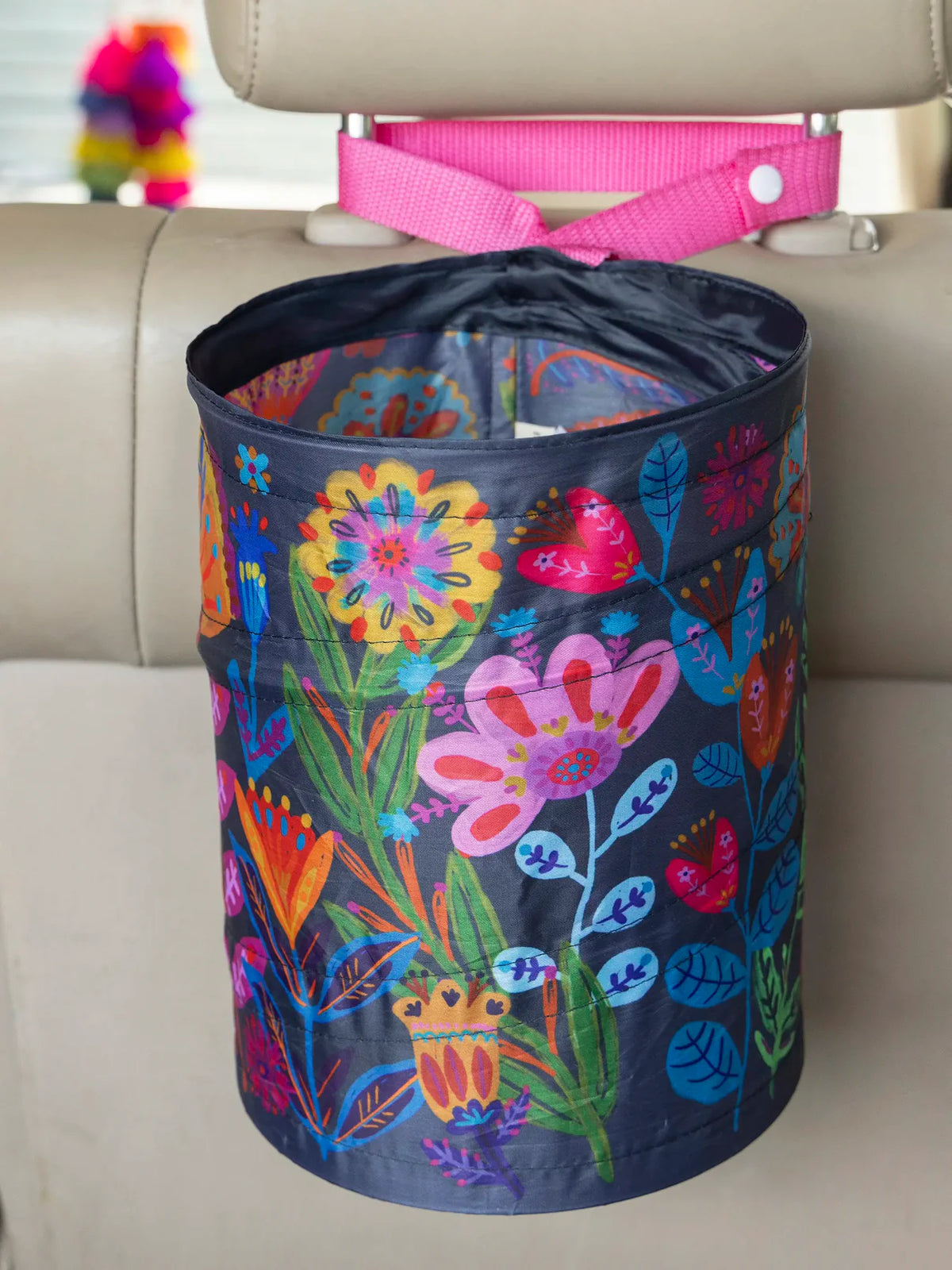 Pop-Up Car Trash Can - Navy Folk Flower