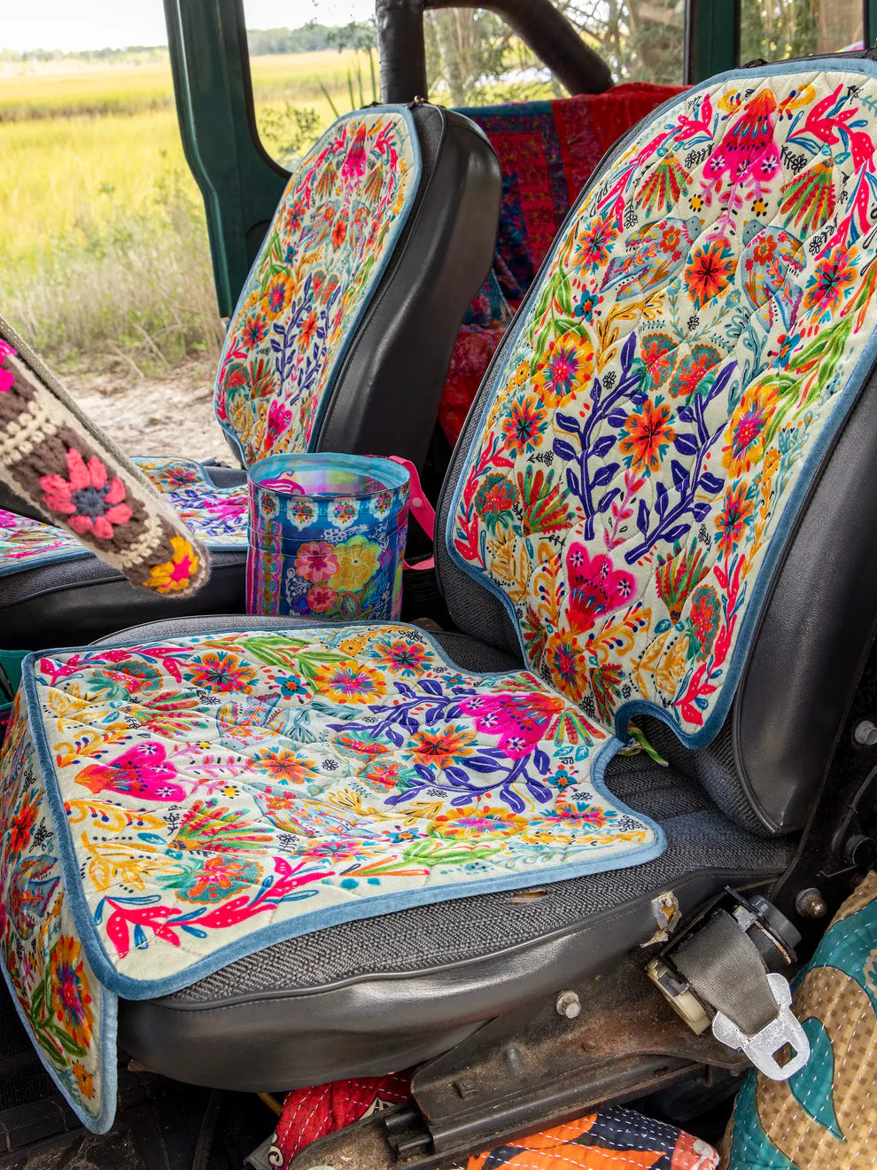 Velvet Car Seat Protector - Cream Birds